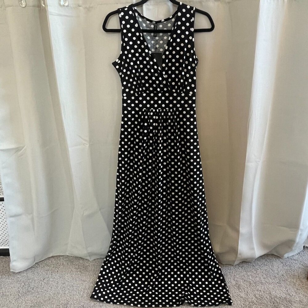 Retro Dress Small Polka Dot Empire Waist Maxi Faux Wrap Rockabilly Boho 16797x